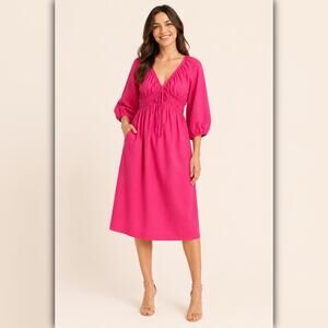 A336 • Hot Pink Smocked Waist Linen Blend Midi Dress
